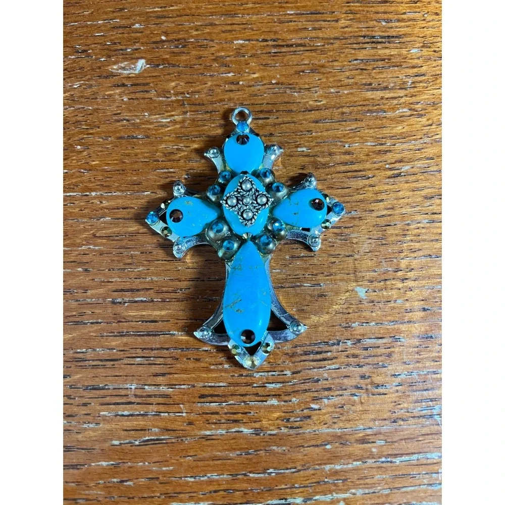 Vintage Turquoise Blue Silver Tone Cross Pendant Boho Crucifix 2.5